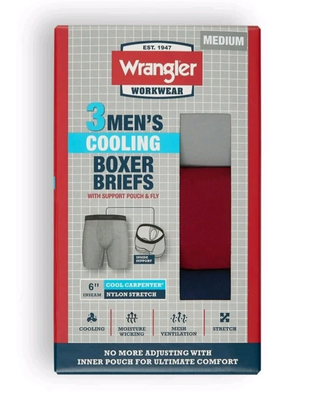 Wrangler 3-Pack Boxer Briefs - White, Red, Navy